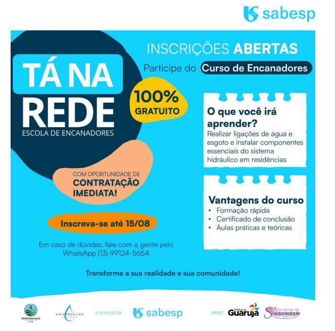 Sabesp e Prefeitura de Guarujá lançam curso gratuito de encanadores